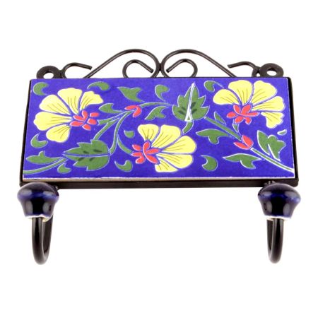 Navy Blue And Forest Green Leaf Ceramic Floral Tiles Hooks 